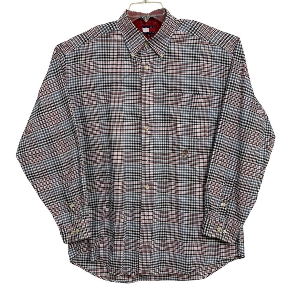 Vtg 90s Tommy Hilfiger Big Fit Plaid Shirt Mens Large Red Blue